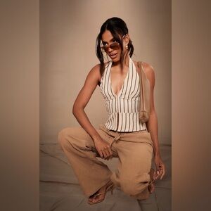Pretty little thing BEIGE STRIPE STRUCTURED LINENHALTER TOP Size 0 New With Tags